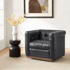 Poltrona Club Girevole Tufted in Vera Pelle Stile Mid-Century Moderno con Base in Legno