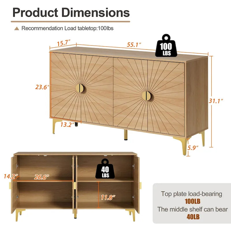 Madia Credenza Contenitore con Quattro Ante Ripiani Regolabili Mobile Contenitore Mobile Bar Caffè