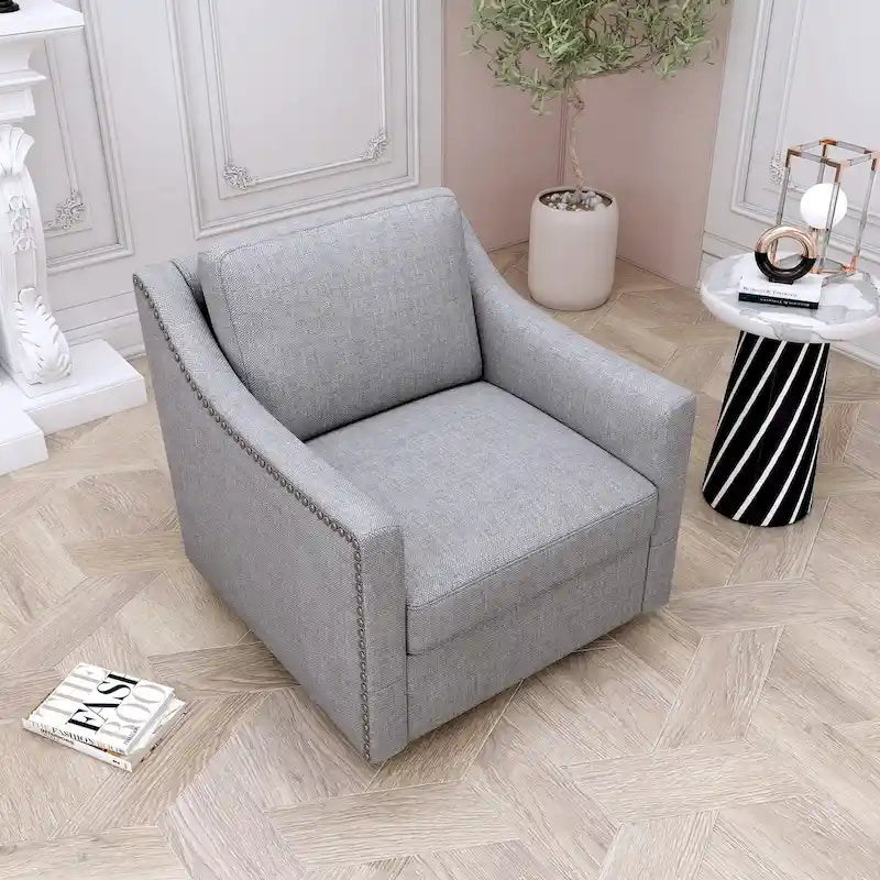 Poltrona Girevole a 360 Gradi in Tessuto di Cotone Lino Delicato sulla Pelle Design Ergonomico