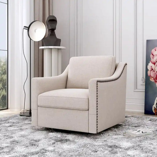 Poltrona Girevole a 360 Gradi in Tessuto di Cotone Lino Delicato sulla Pelle Design Ergonomico