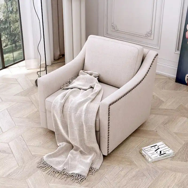 Poltrona Girevole a 360 Gradi in Tessuto di Cotone Lino Delicato sulla Pelle Design Ergonomico
