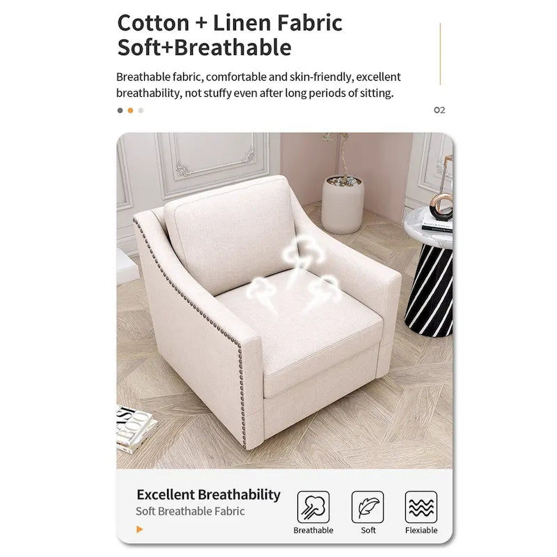Poltrona Girevole a 360 Gradi in Tessuto di Cotone Lino Delicato sulla Pelle Design Ergonomico