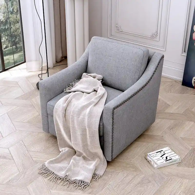 Poltrona Girevole a 360 Gradi in Tessuto di Cotone Lino Delicato sulla Pelle Design Ergonomico