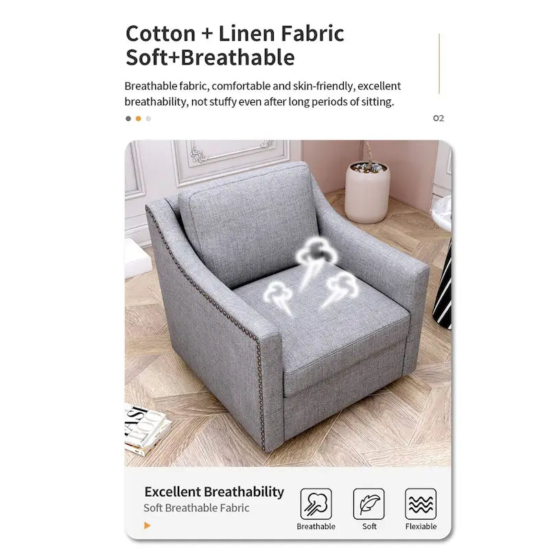 Poltrona Girevole a 360 Gradi in Tessuto di Cotone Lino Delicato sulla Pelle Design Ergonomico