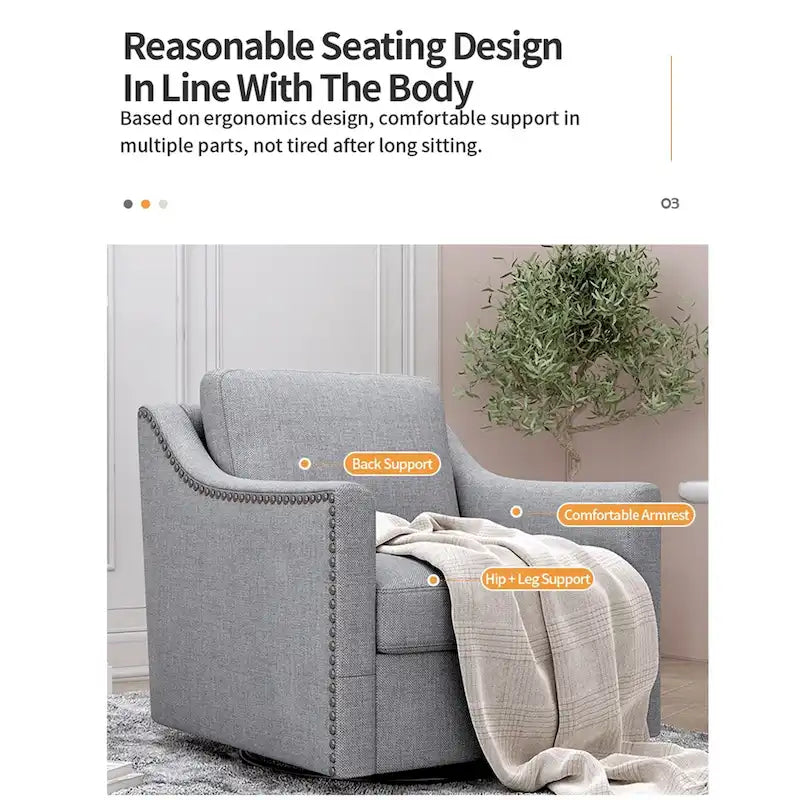 Poltrona Girevole a 360 Gradi in Tessuto di Cotone Lino Delicato sulla Pelle Design Ergonomico